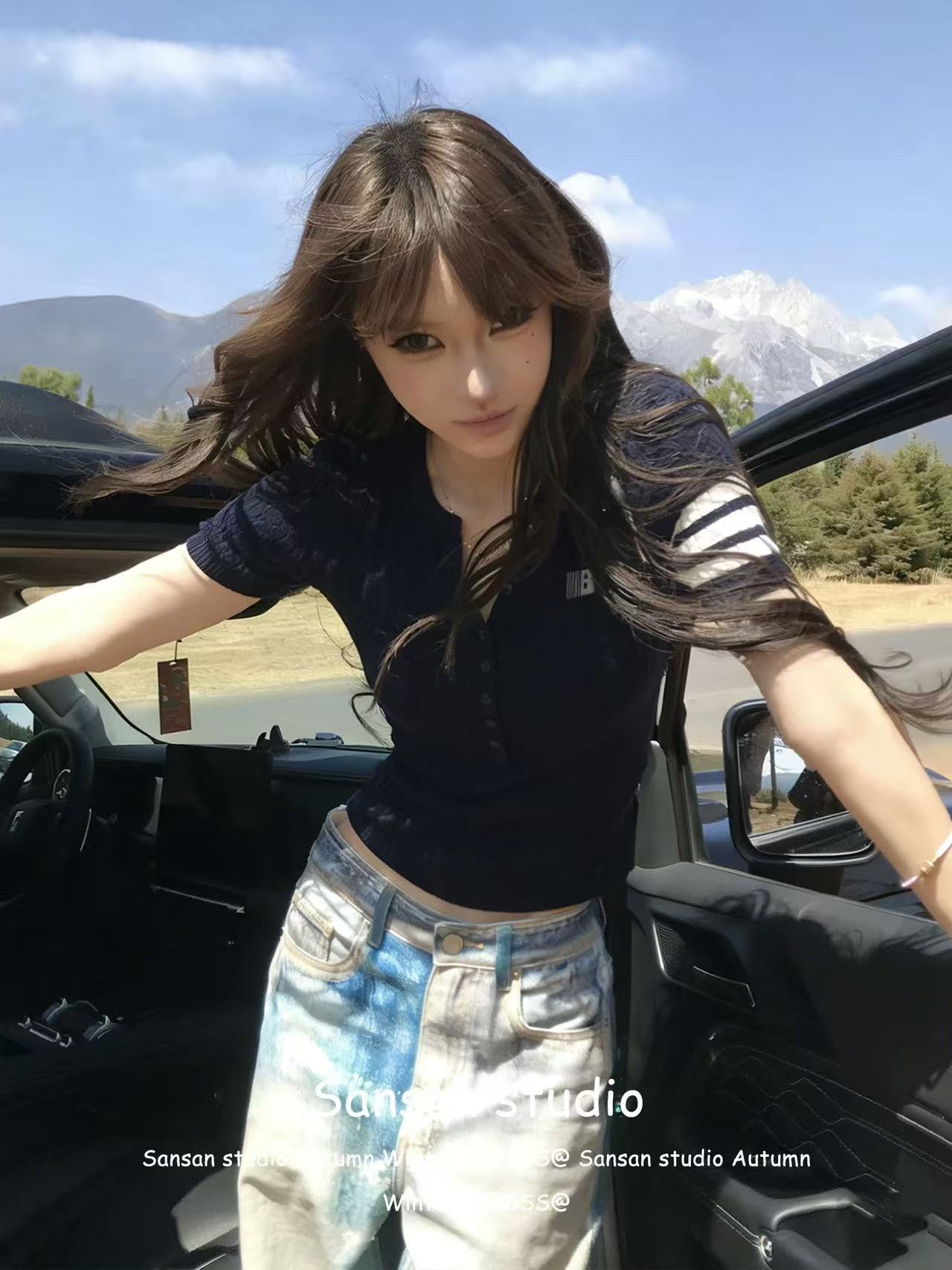 美式復古v領短袖針織衫女夏季穿搭v領t恤修身顯瘦學院風麻花上衣