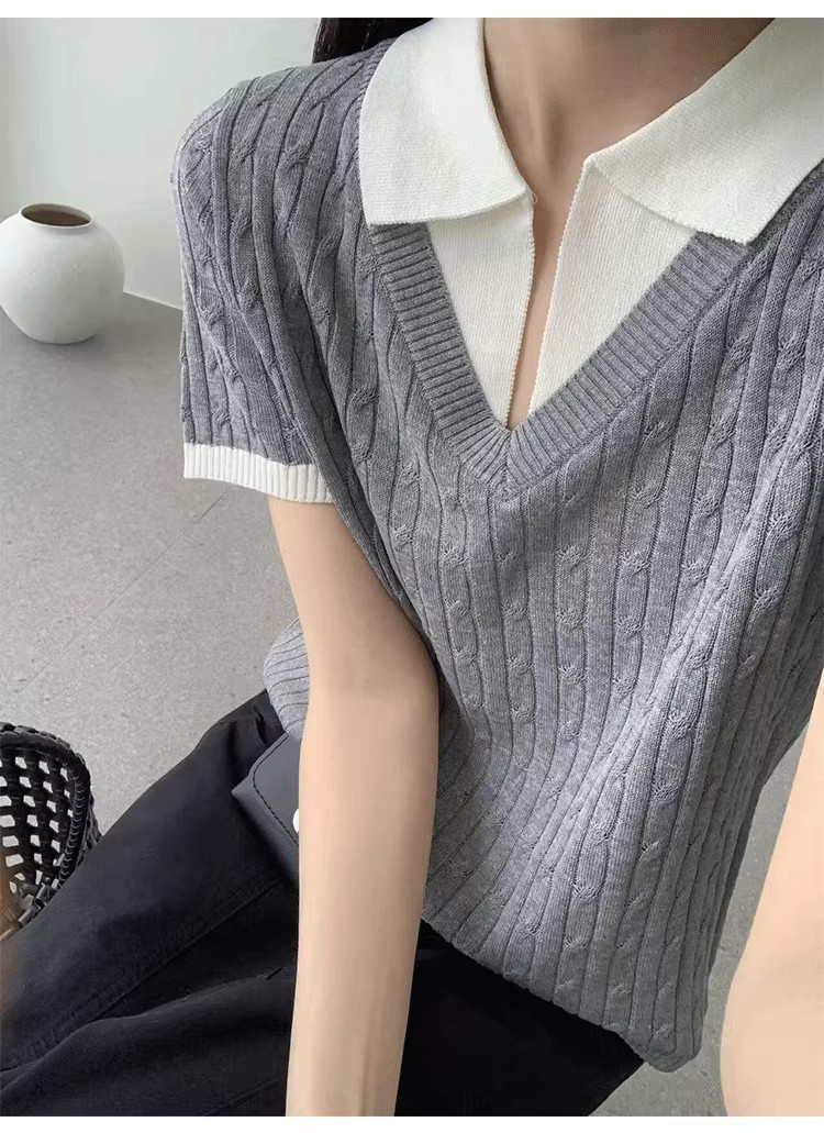 假兩件麻花紋冰絲針織衫女歐洲站2026春裝新款歐貨女裝打底小衫潮