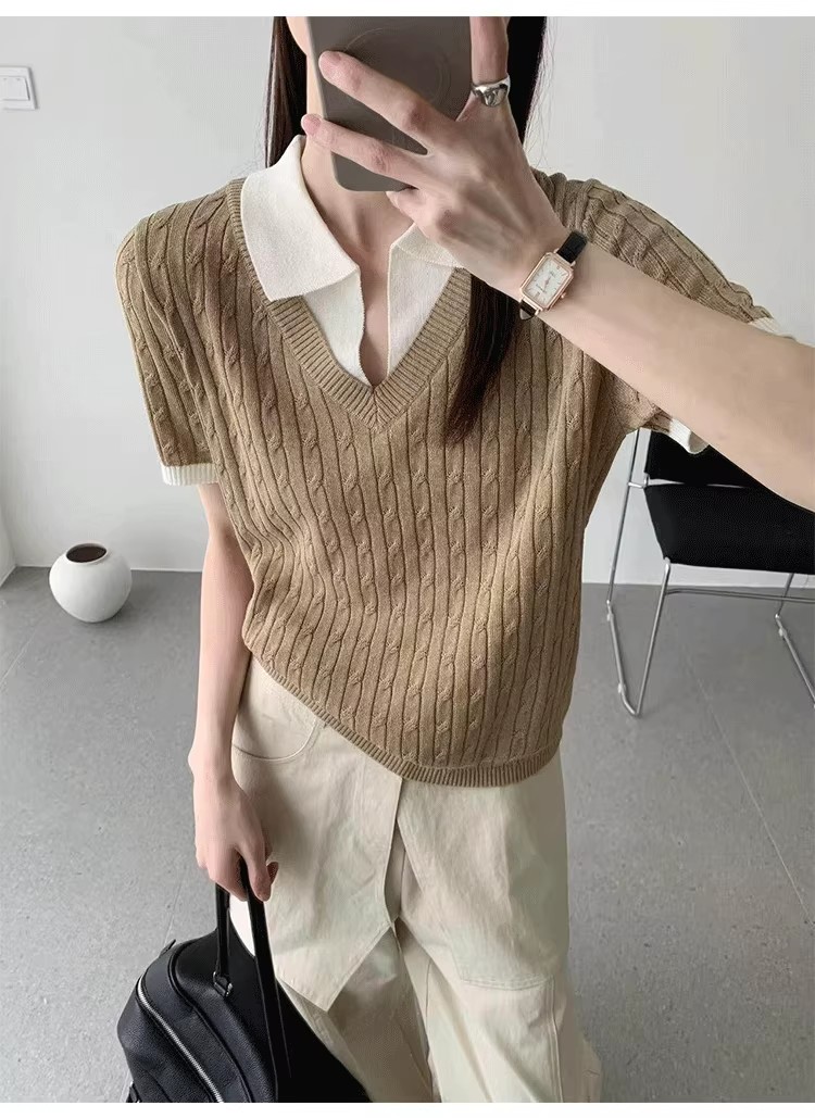 假兩件麻花紋冰絲針織衫女歐洲站2026春裝新款歐貨女裝打底小衫潮