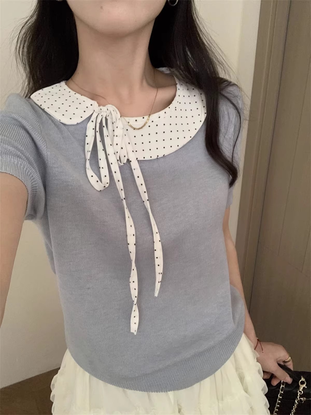 韓系休閑風時尚娃娃領短袖T恤女2026春季新款拼接設計感針織上衣
