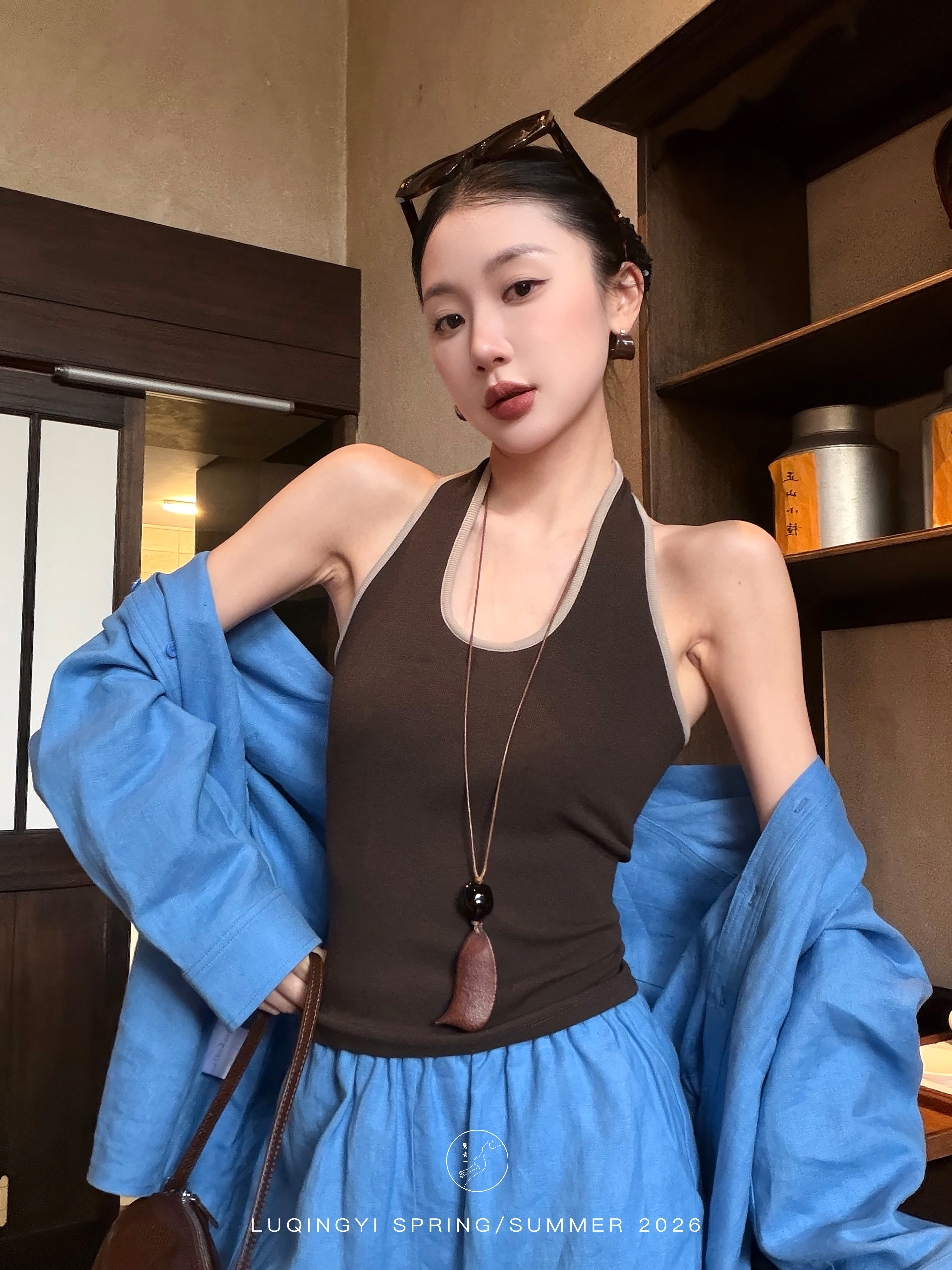 鷺青一原創殊色復古撞色吊帶背心女夏外穿羅紋棉針織修身掛脖上衣