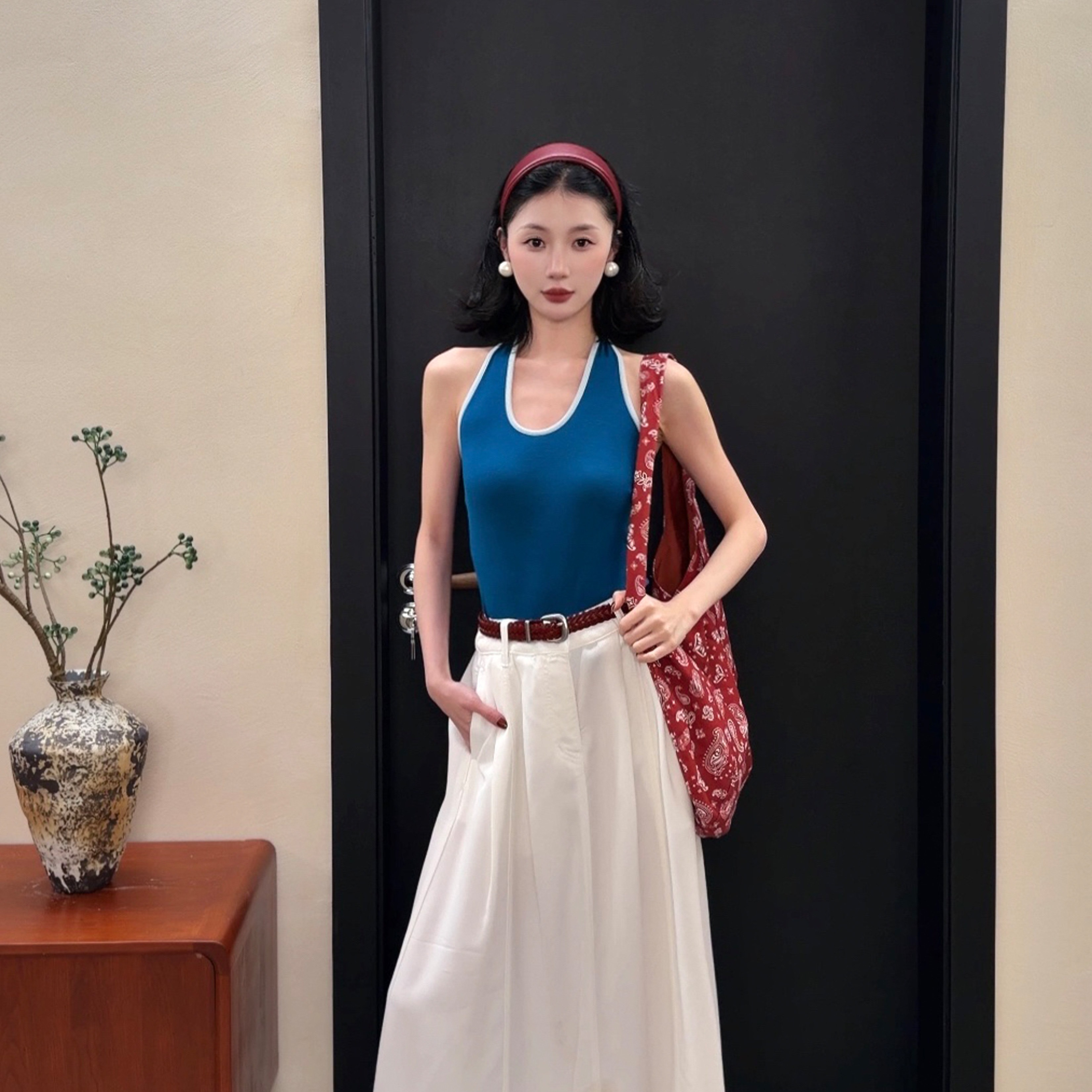 鷺青一原創殊色復古撞色吊帶背心女夏外穿羅紋棉針織修身掛脖上衣