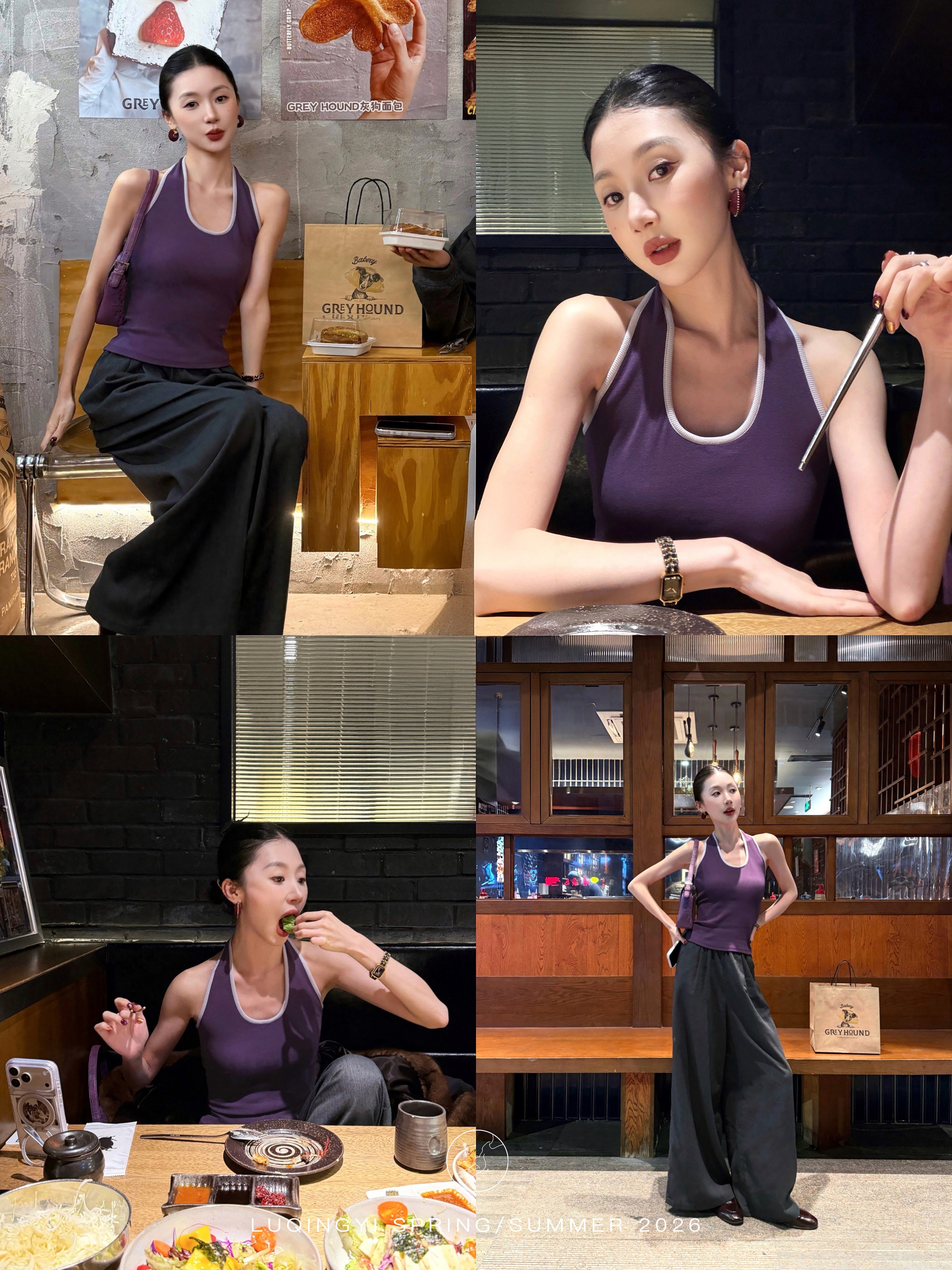 鷺青一原創殊色復古撞色吊帶背心女夏外穿羅紋棉針織修身掛脖上衣
