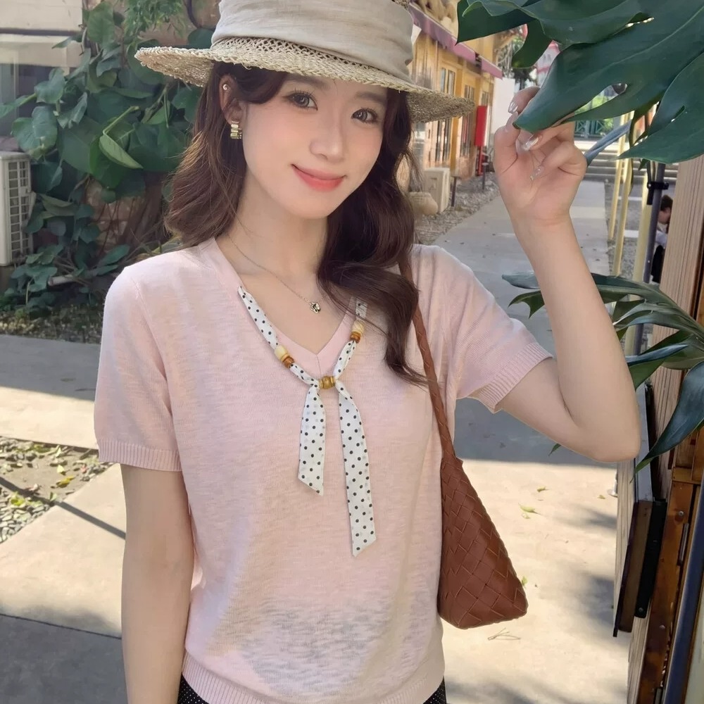 26新款V領波點飄帶針織衫女寬松顯瘦百搭短袖T恤上衣配可拆卸絲巾