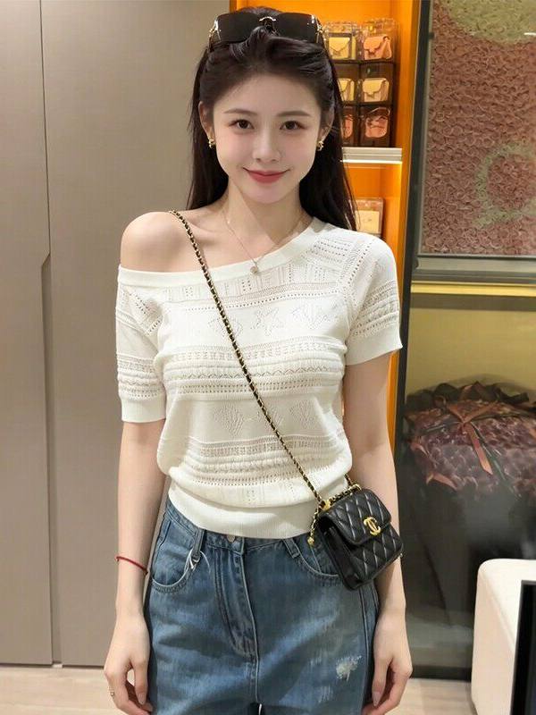 韓系溫柔風鏤空鉤花斜肩短袖針織衫女夏季簡約基礎款收腰顯瘦上衣