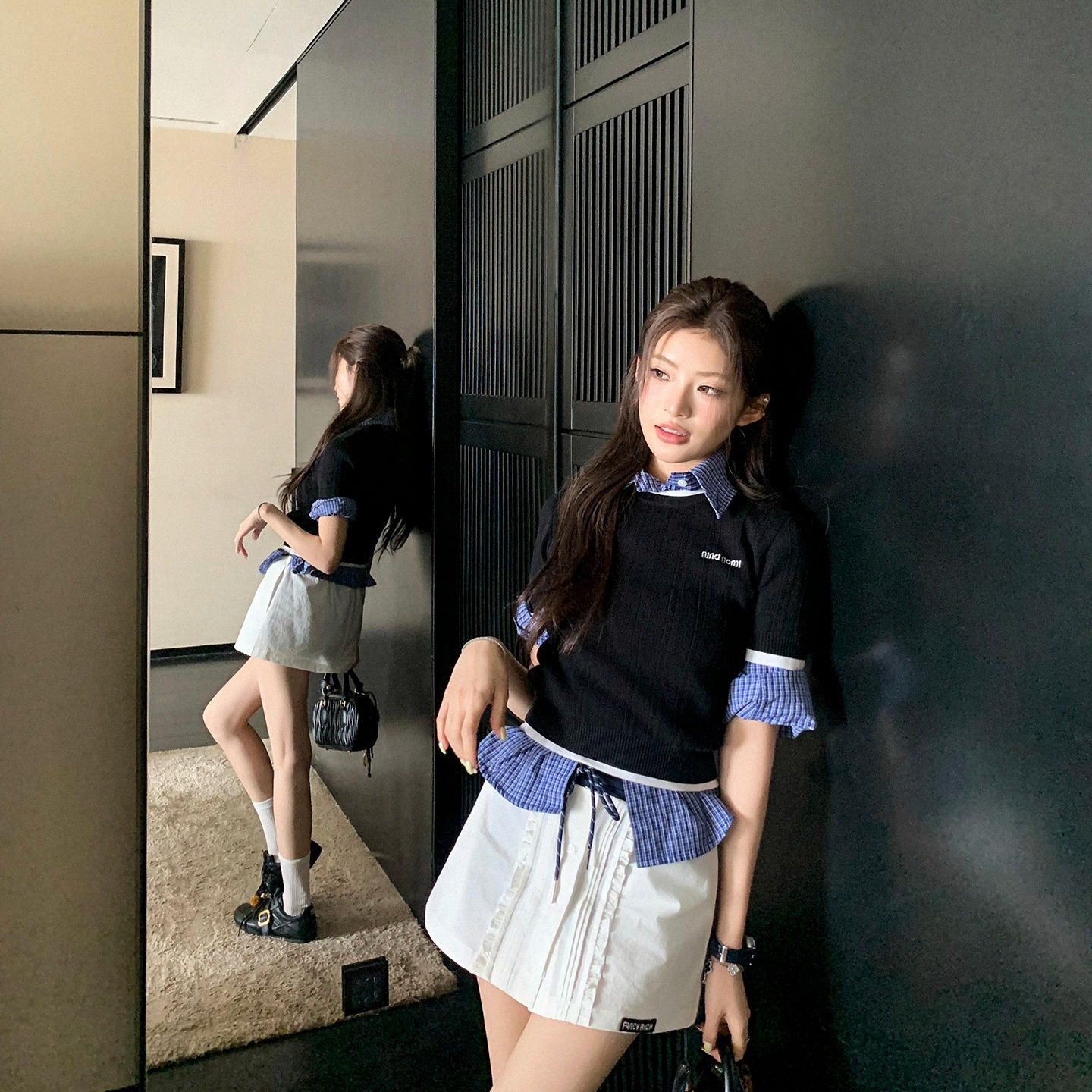 2026夏季新款miu系穿搭學院風木耳邊撞色小香風針織衫