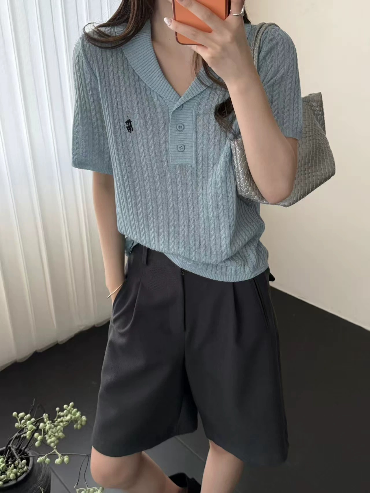 天絲亞麻新款韓版寬松顯瘦翻領短袖針織衫女毛衣上衣女薄款打底衫