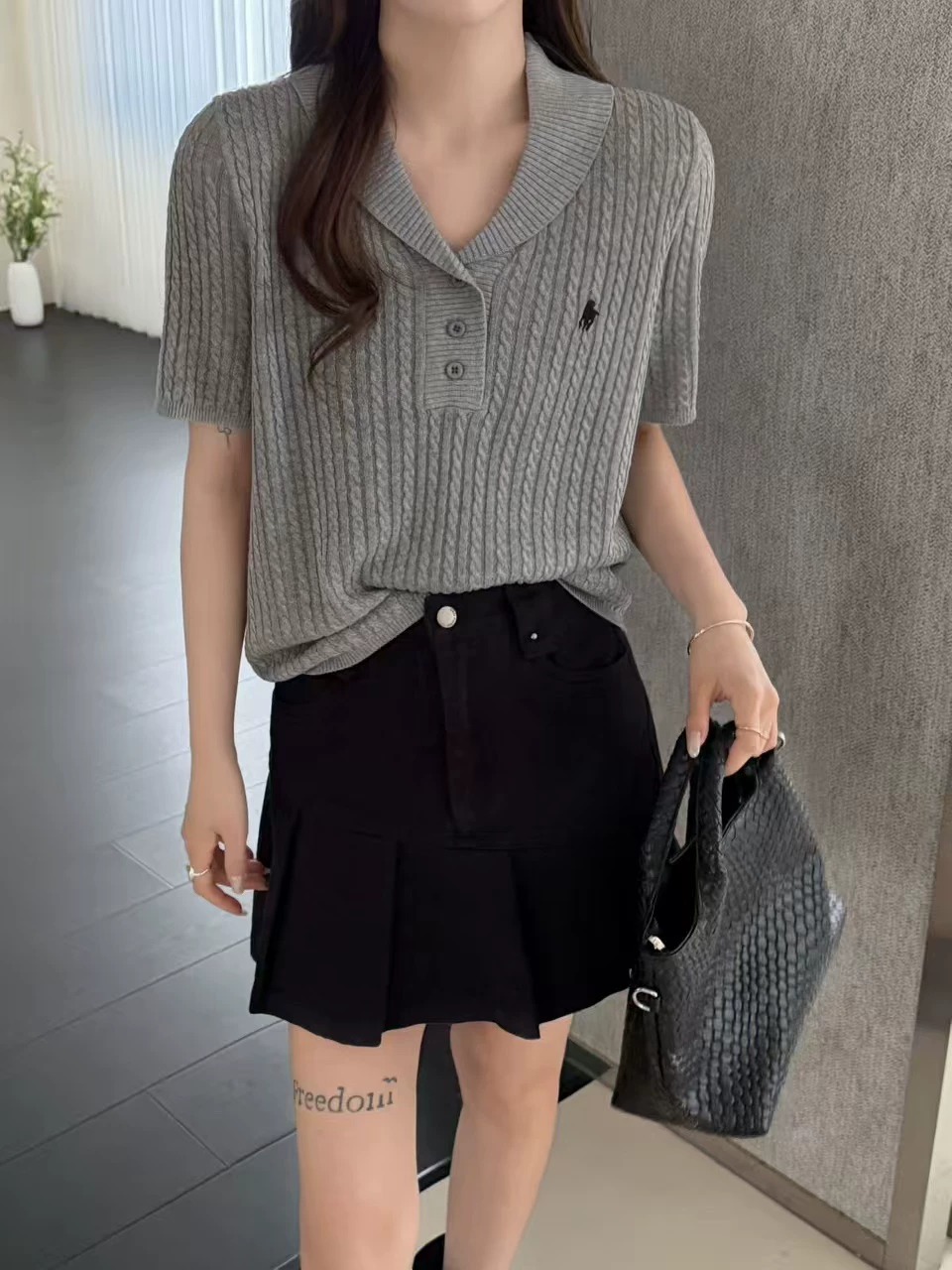 天絲亞麻新款韓版寬松顯瘦翻領短袖針織衫女毛衣上衣女薄款打底衫