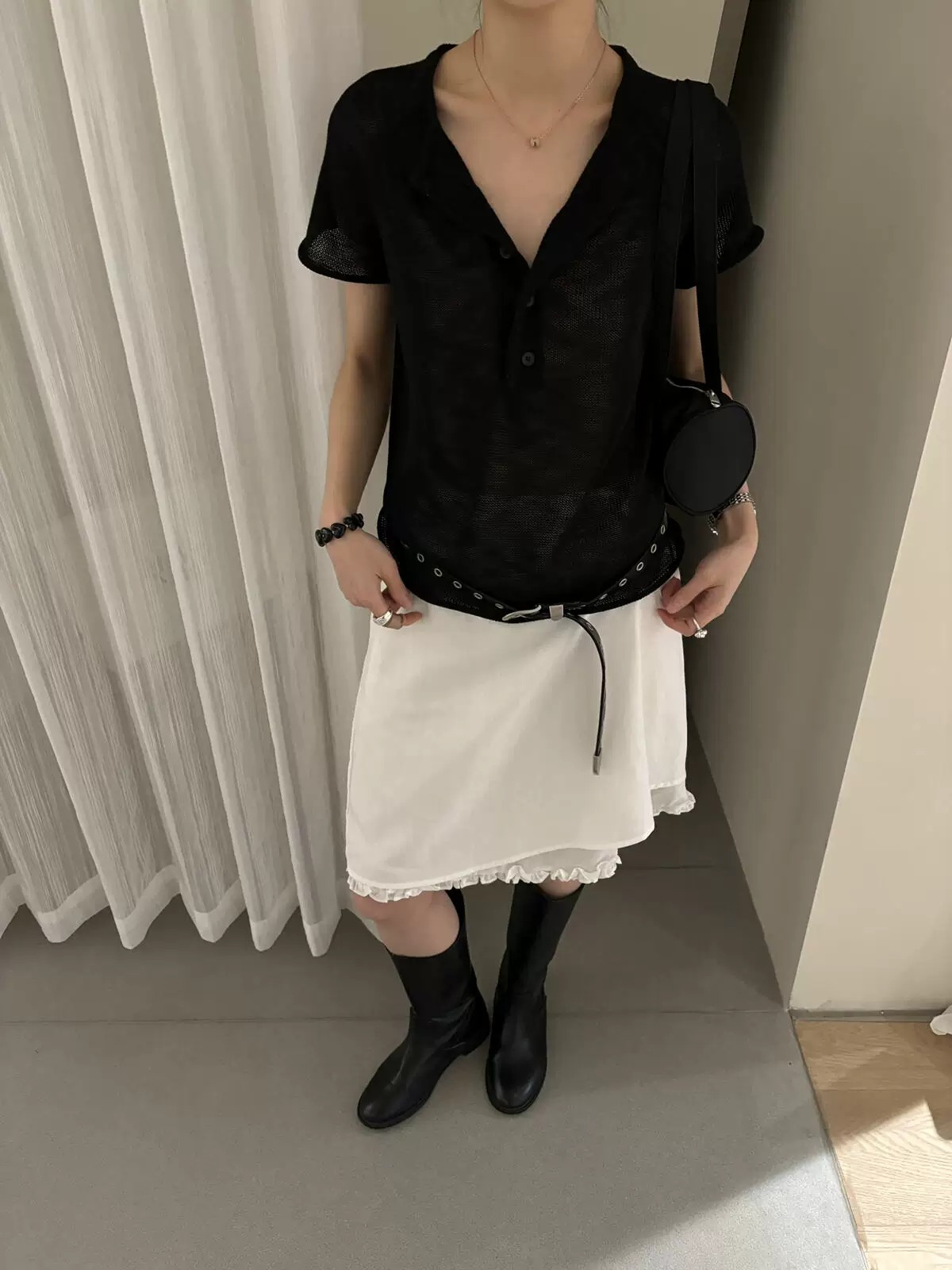 KITTIN韓系極簡老錢風麻感亨利領針織衫女夏新款寬松薄款短袖上衣