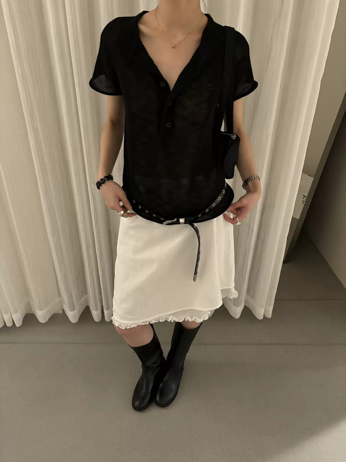KITTIN韓系極簡老錢風麻感亨利領針織衫女夏新款寬松薄款短袖上衣