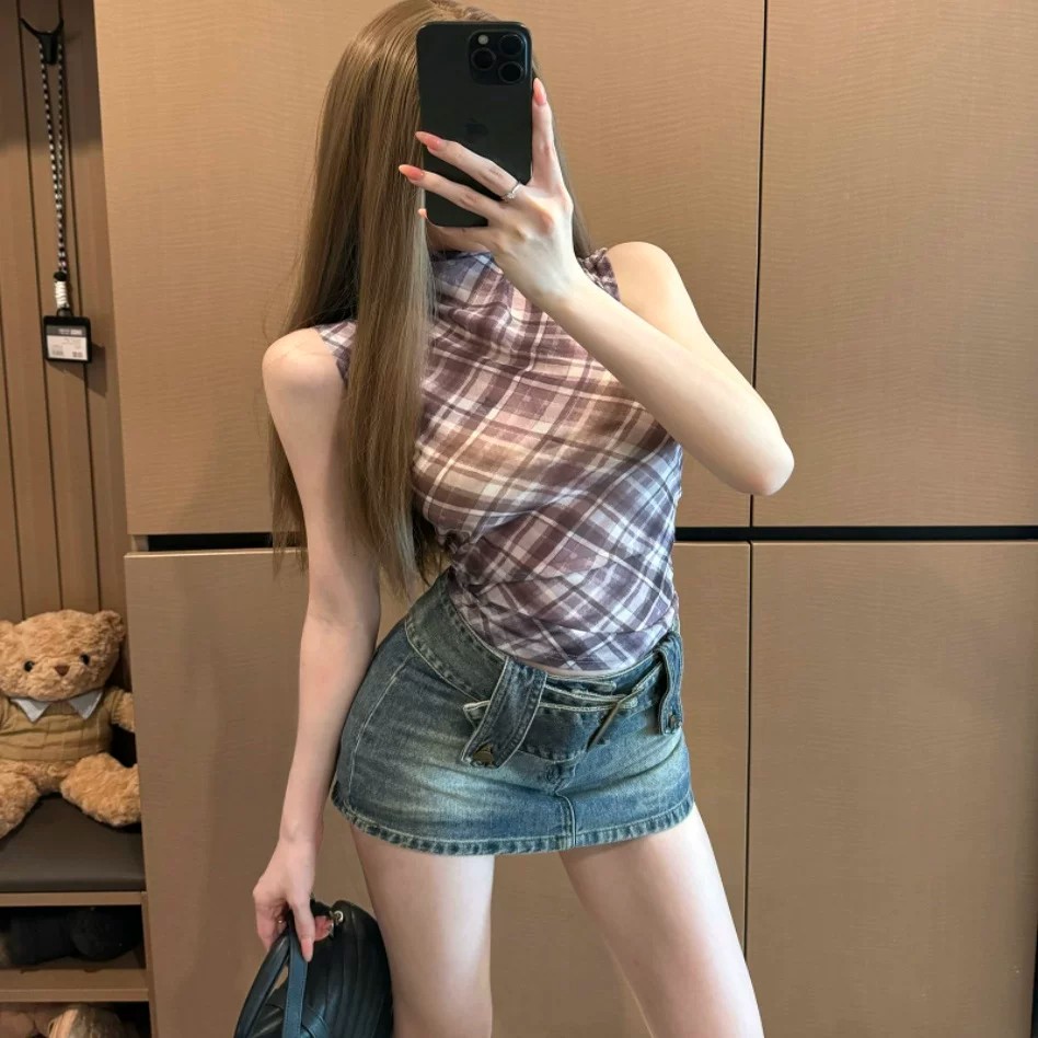 夏季新款純欲風格紋網紗半高領無袖背心女修身顯瘦短款百搭上衣