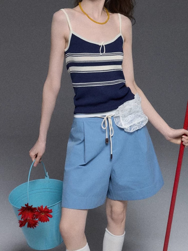 不規則條紋蝴蝶結吊帶背心女夏高級百搭設計感上衣