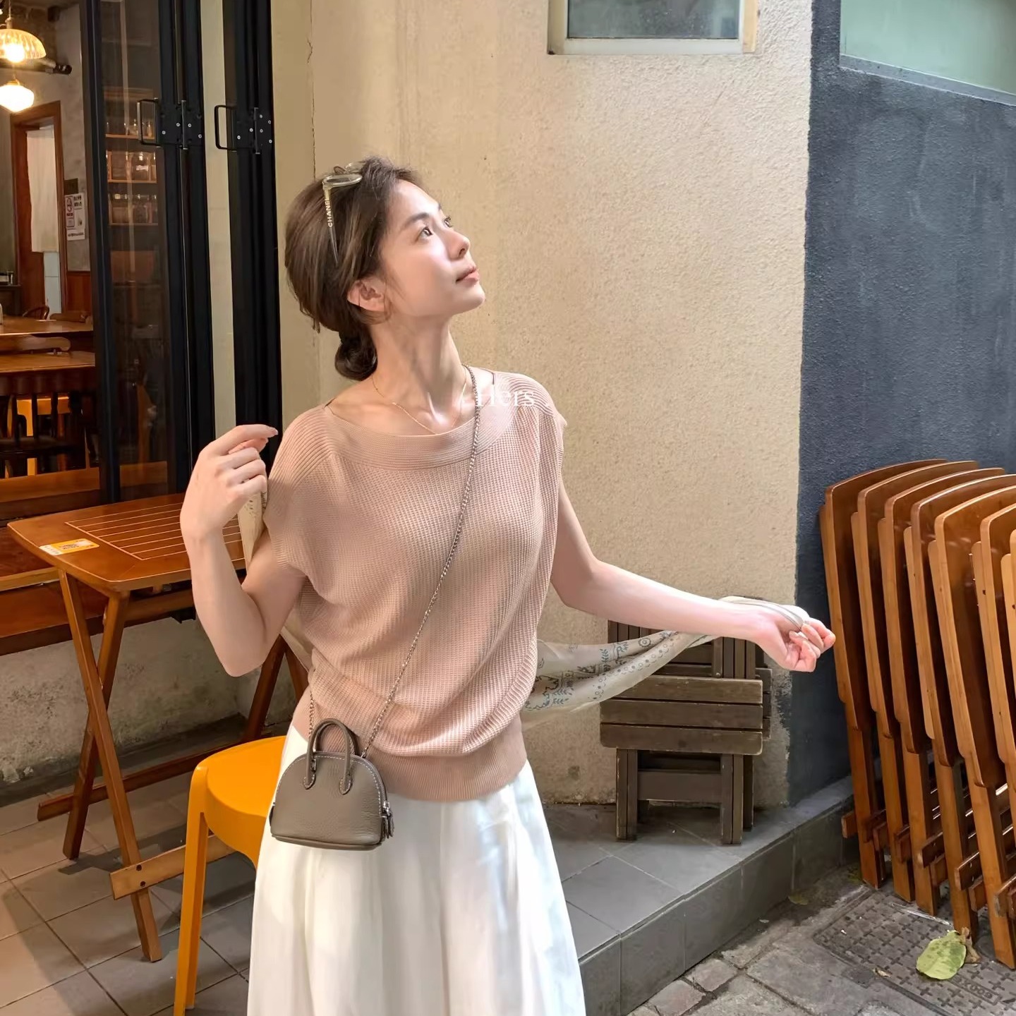 簡約氣質一字領小飛袖設計感短袖針織衫百搭顯瘦上衣女