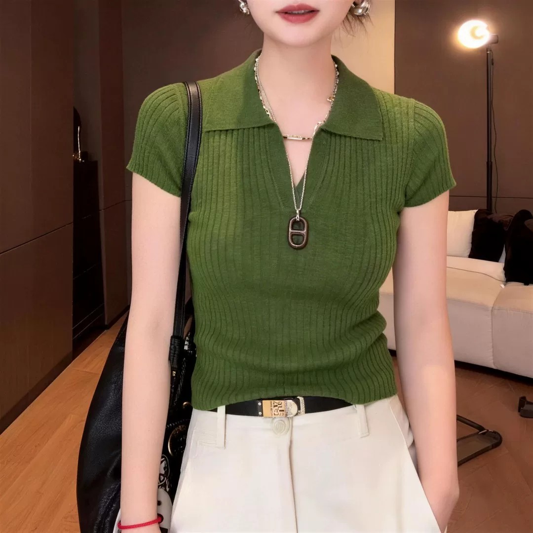 坑條灰色翻領針織短袖t恤女2026夏季新款高級感氣質百搭短款上