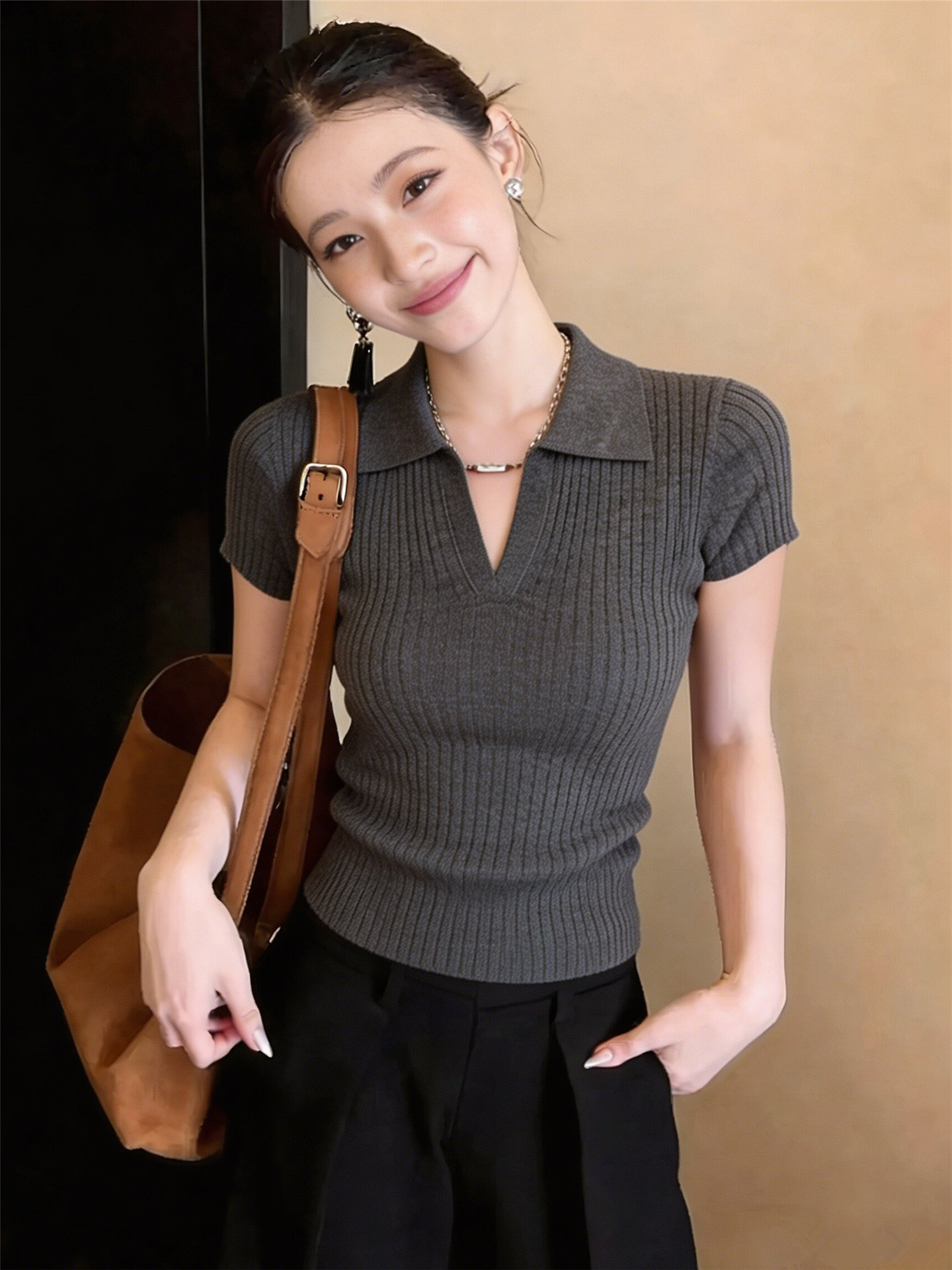 坑條灰色翻領針織短袖t恤女2026夏季新款高級感氣質百搭短款上