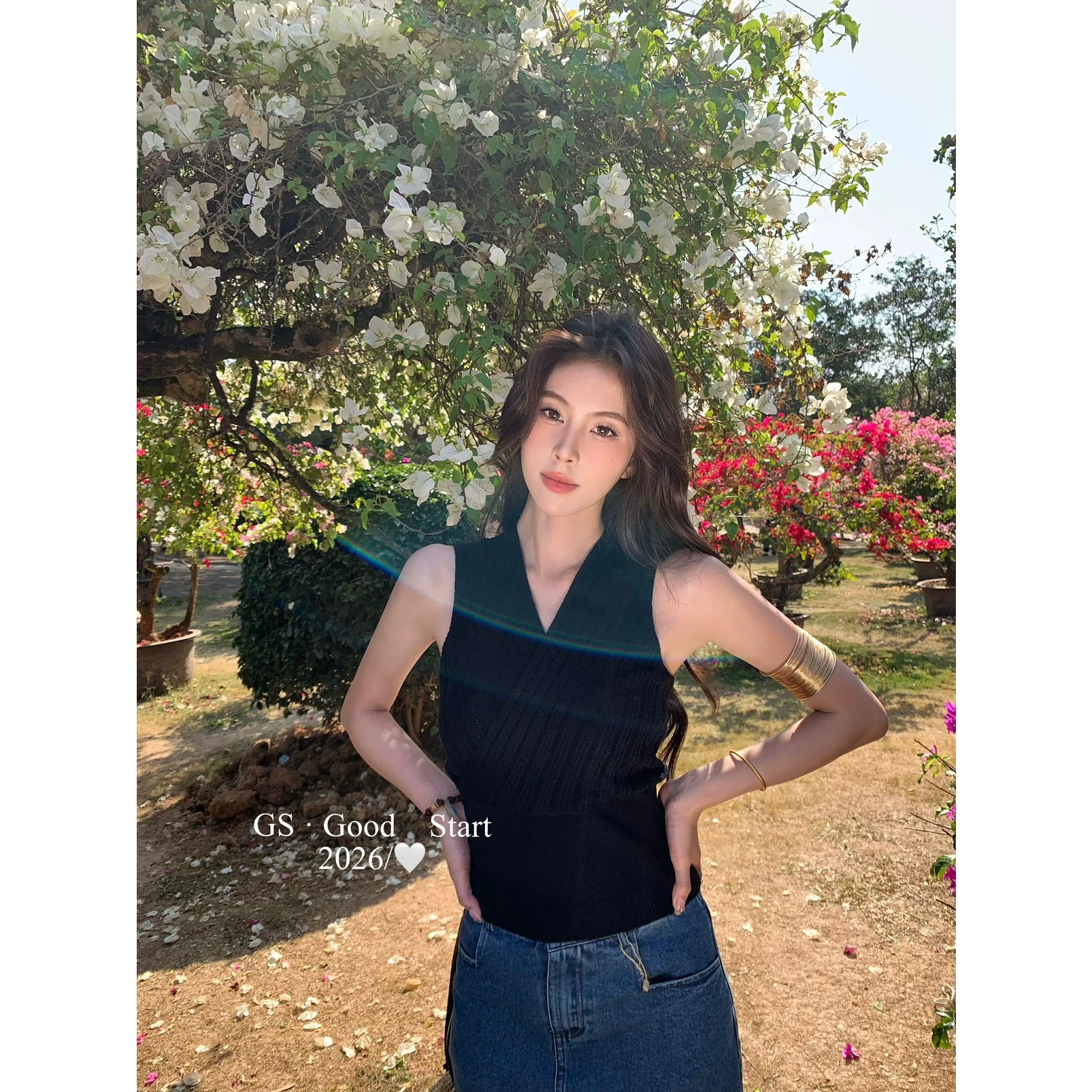 GS十三行女裝春夏韓系氣質簡約v領坑條交叉針織無袖背心修身上衣