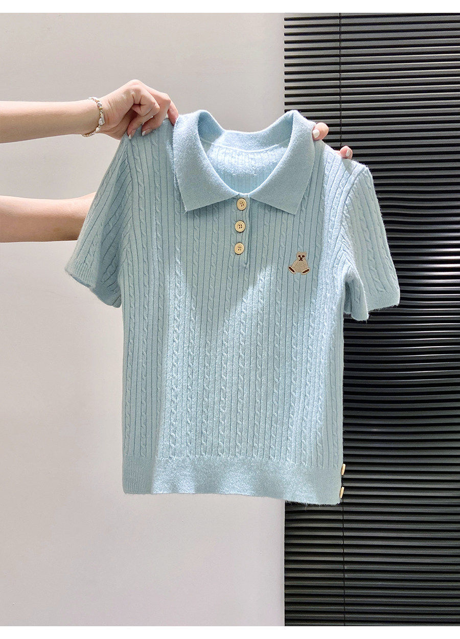 卡通刺繡翻領針織衫短袖女夏2026新款爆款修身顯瘦學院風短款上衣