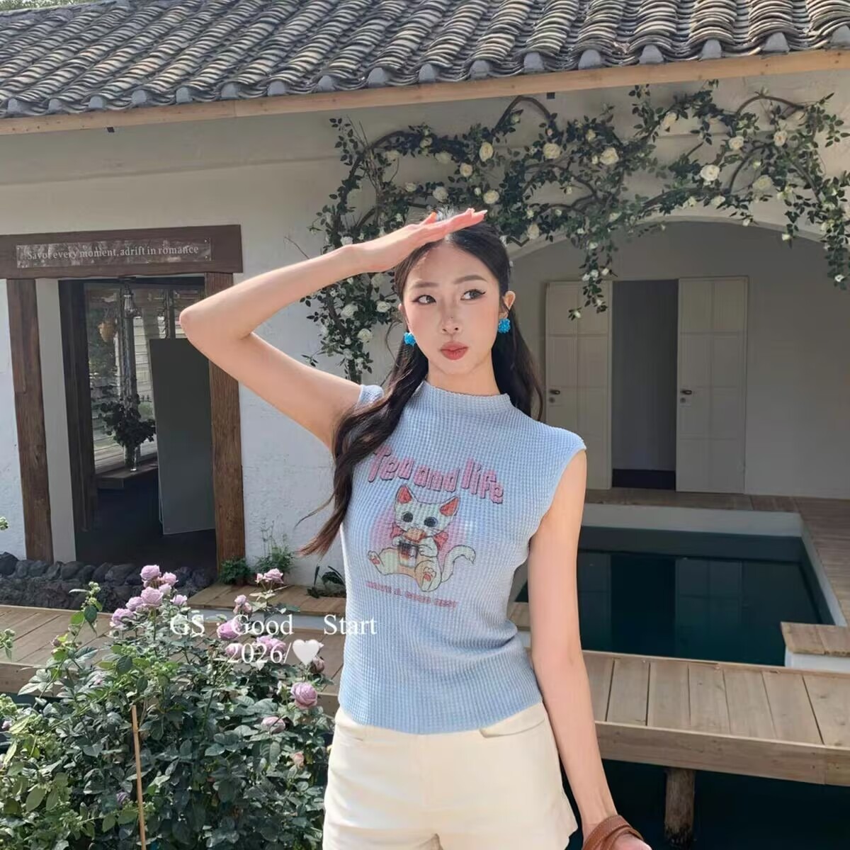 Okaaay調皮小野貓夏季修身設計感無袖上衣女桑蠶絲華夫格背心