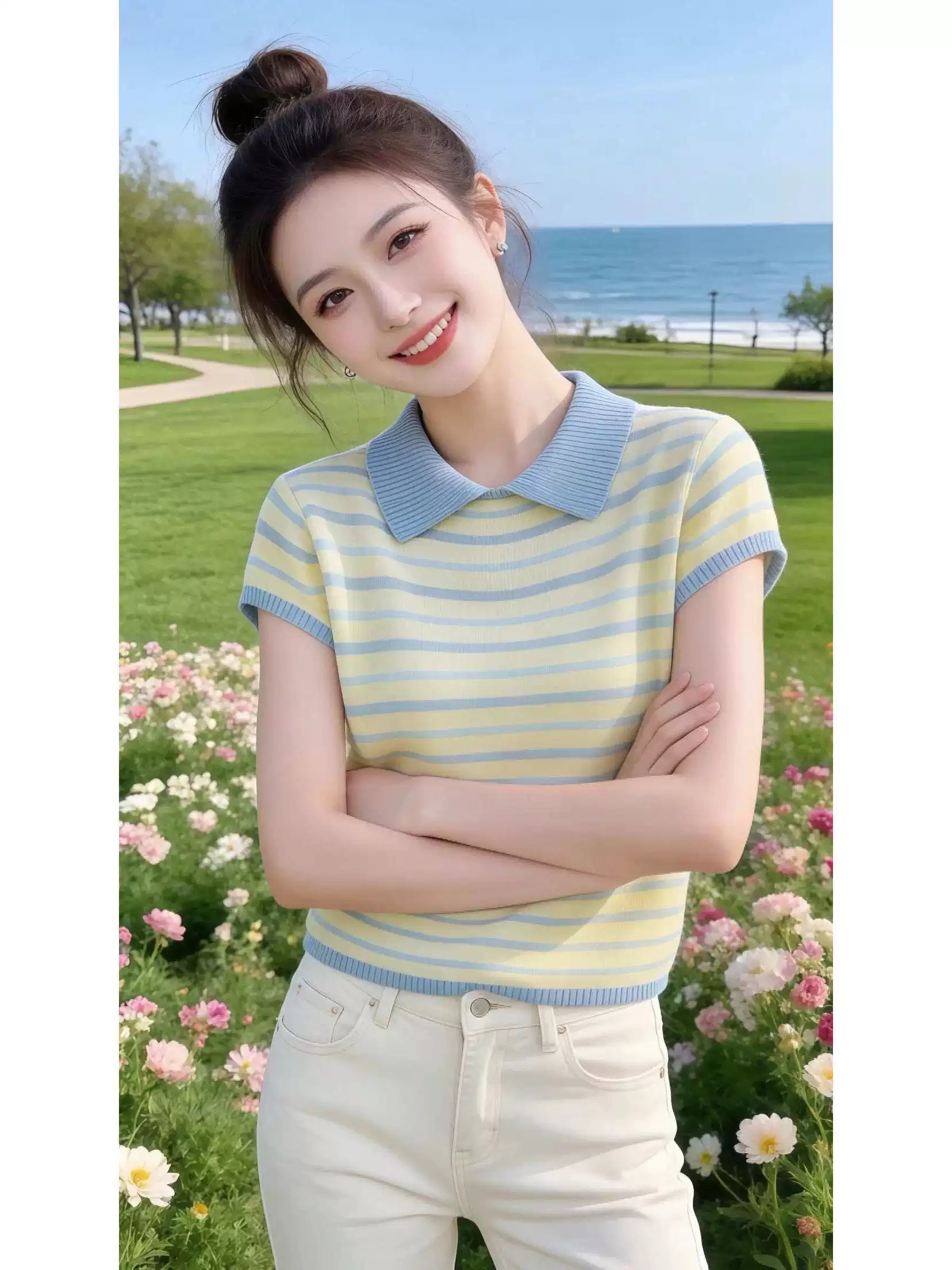 夏季新款韓系減齡女超好看顯瘦氣質翻領條紋短袖針織T恤洋氣小衫