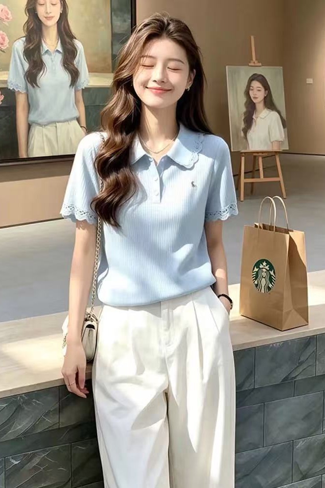 韓系蕾絲拼接短袖針織衫女2026新款夏季藍色溫柔減齡高級感上衣女