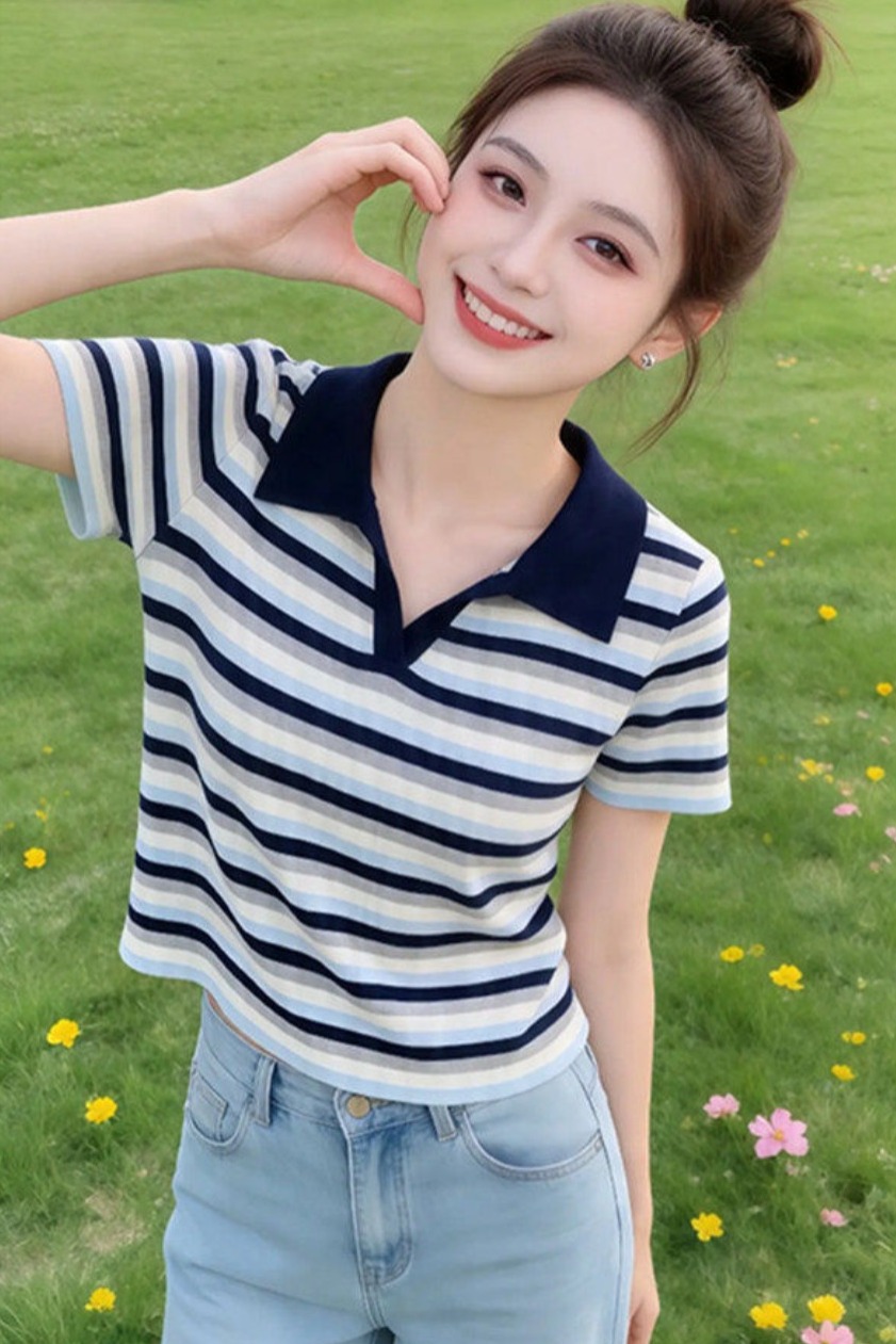 條紋海鷗v領polo衫針織短袖t恤女小個子短款正肩直筒顯瘦氣質上衣
