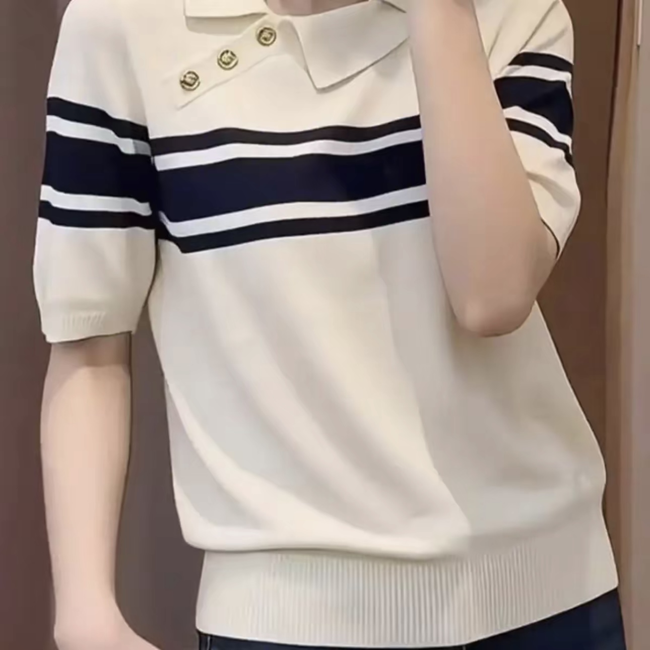 藏青色翻領短袖針織T恤女2026夏季新減齡韓系條紋上衣百搭休閑