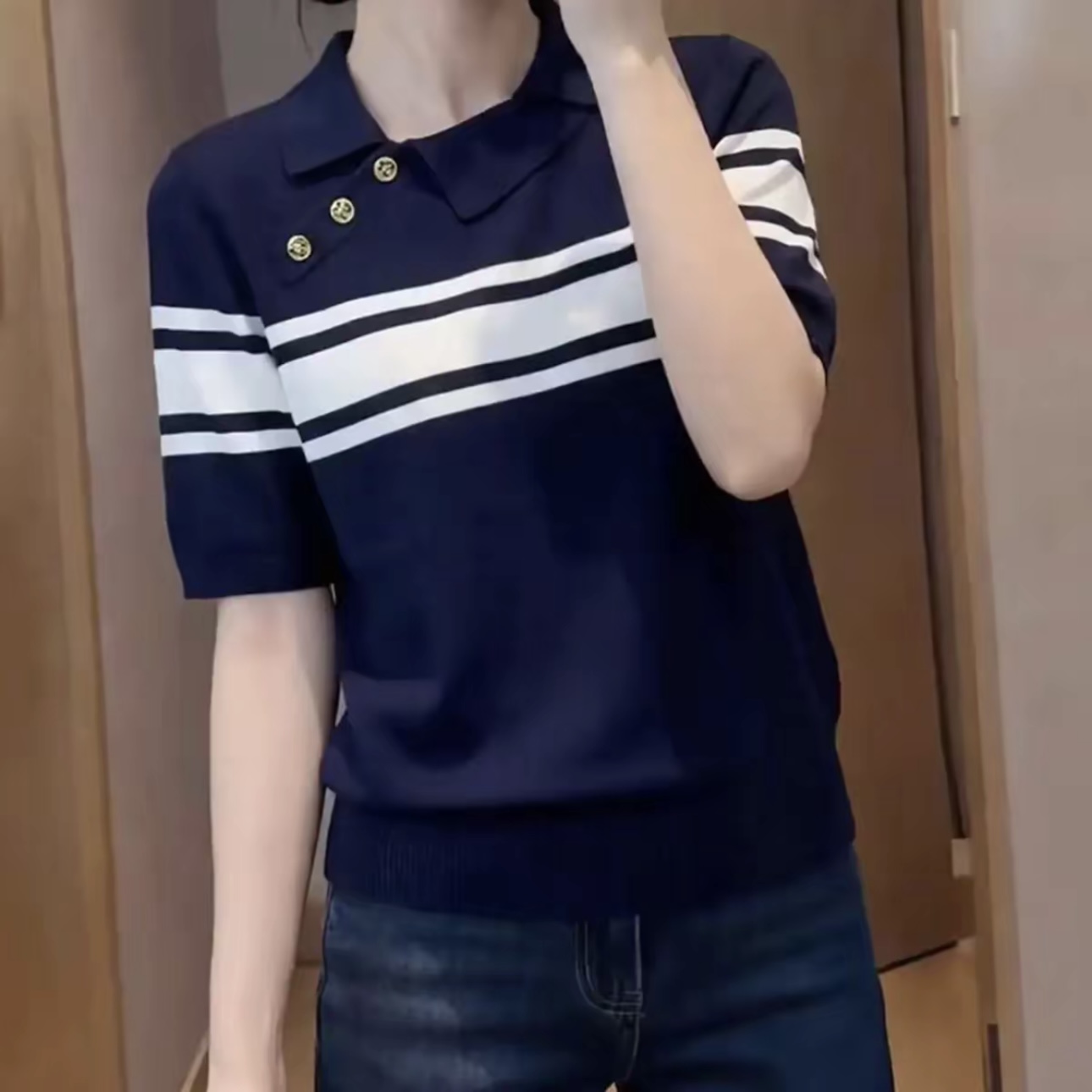 藏青色翻領短袖針織T恤女2026夏季新減齡韓系條紋上衣百搭休閑