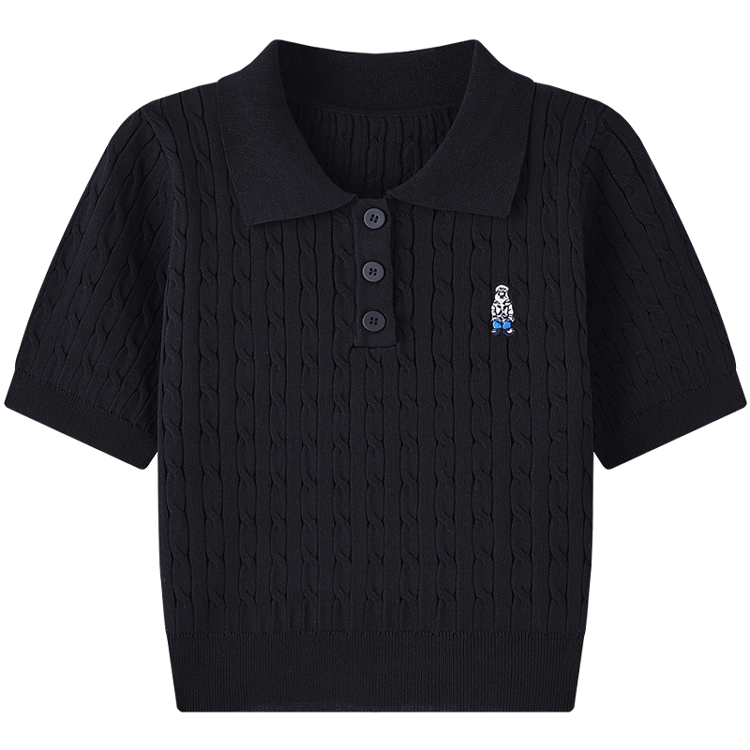 九州誠品/JZZDEMM小熊刺繡麻花翻領polo衫女修身短款針織短袖上衣