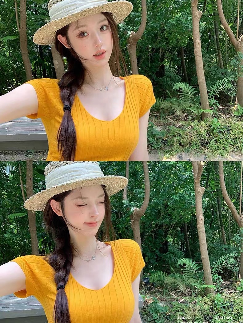 薄荷軟糖”清新明媚春夏色 羊毛短袖T恤女V領針織上衣