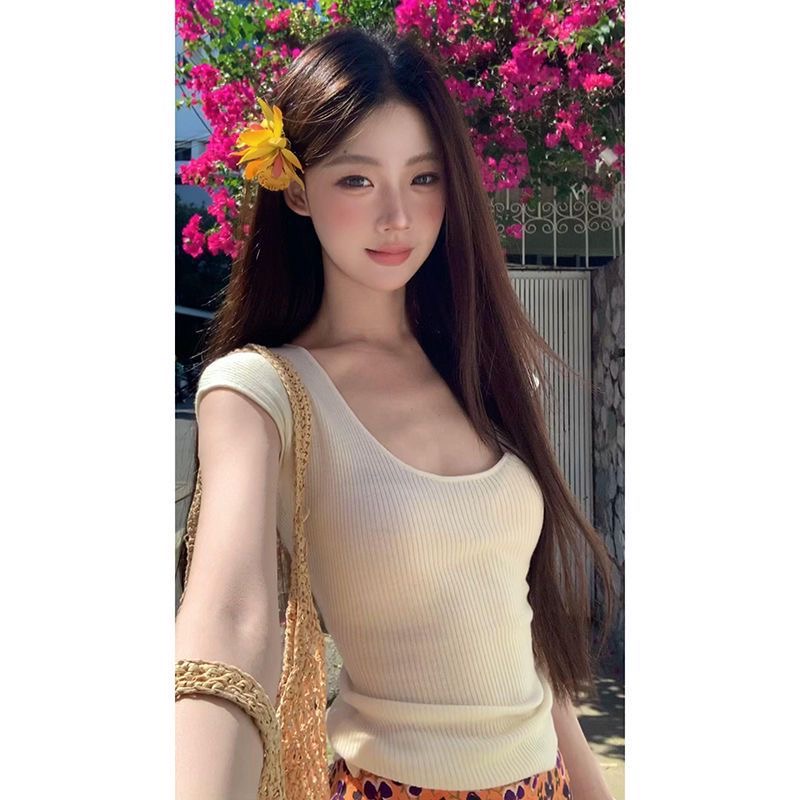 法式純欲甜辣妹U領紫色針織短袖T恤女夏季高級感別致絕美短款上衣