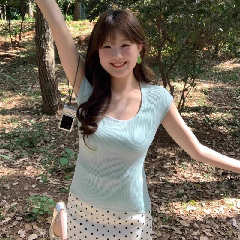 法式純欲甜辣妹U領紫色針織短袖T恤女夏季高級感別致絕美短款上衣