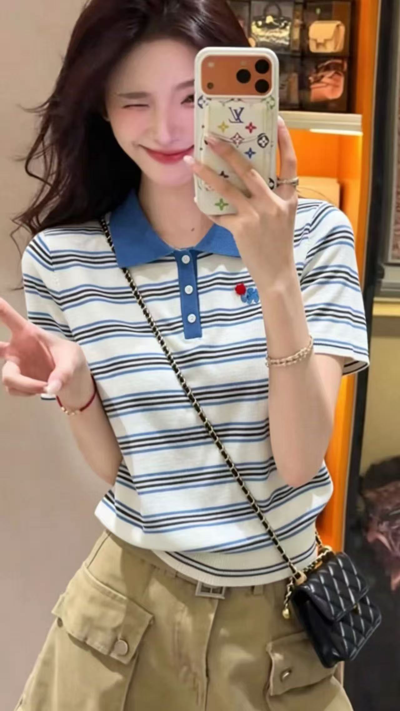 藍白撞色條紋翻領刺繡短袖針織衫女夏季寬松透氣顯瘦百搭顯瘦上衣