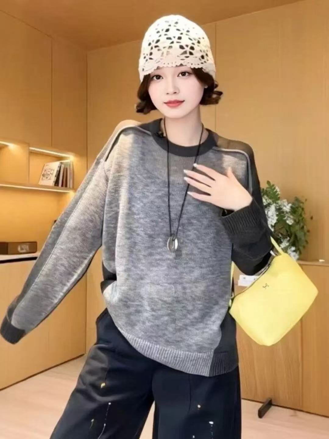 小眾復古撞色圓領針織衫上衣女2026春季大碼胖MM套頭寬松長袖上衣