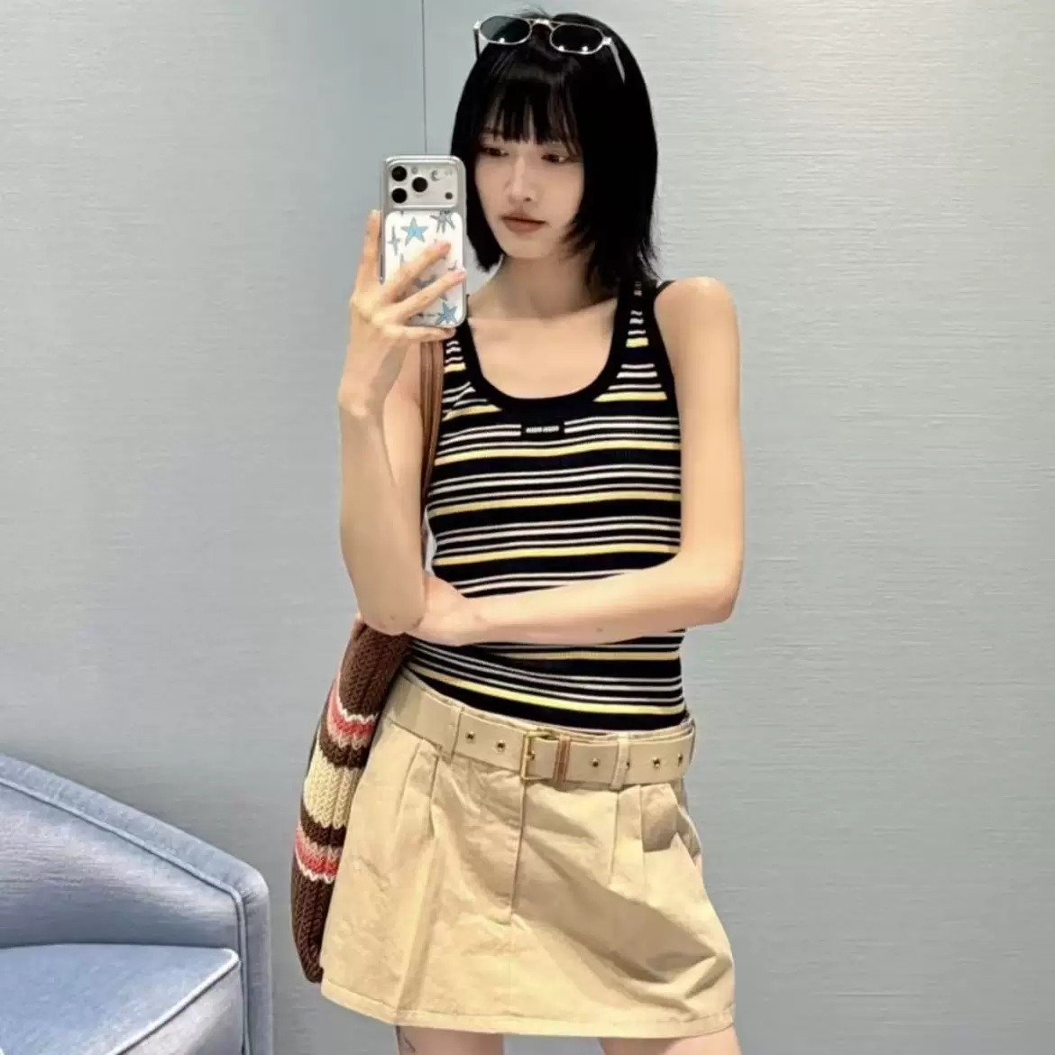 首爾原版~高級感超好看的針織衫吊帶撞色條紋夏日精致設計感上衣