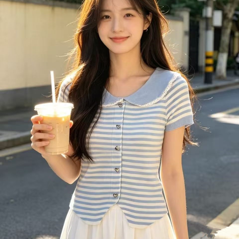 2026夏季新款韓系溫柔甜美休閑風條紋修身百搭毛織上衣