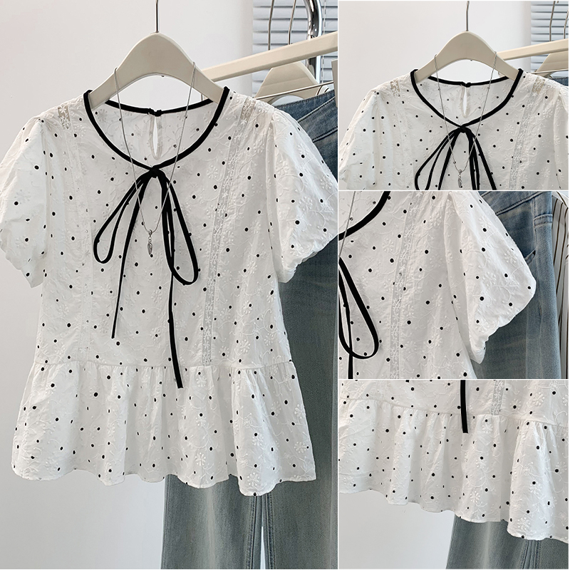 RY4058# 实拍 大码女装 法式小香风圆领系带波点衬衫蕾丝宽松显瘦短袖...