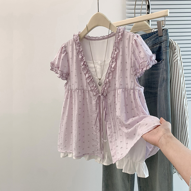 RY4059# 实拍 大码女装 假两件木耳边短袖上衣 宽松显瘦减龄v领甜系...