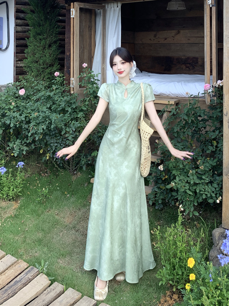 MY9152# 大码女装夏季胖MM新中式提花改良旗袍连衣裙收腰显瘦气质长裙女裝貨源服裝批發