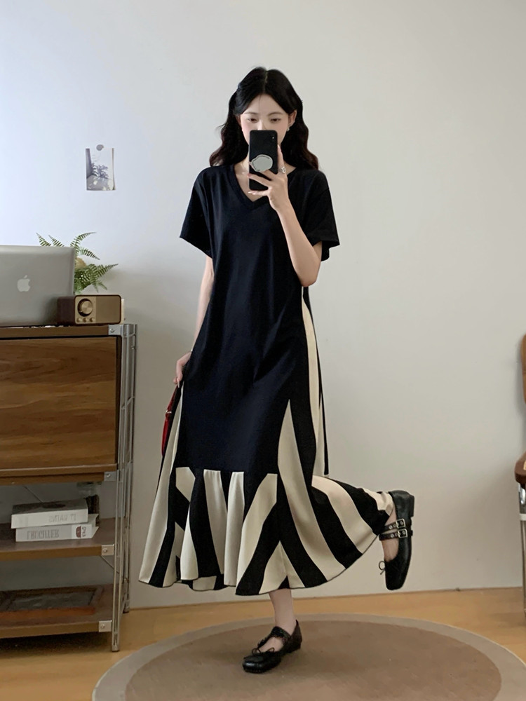 MY9157# 大码女装夏季条纹拼接垂感大摆T恤裙胖MM宽松显瘦遮肚连衣裙女裝貨源服裝批發