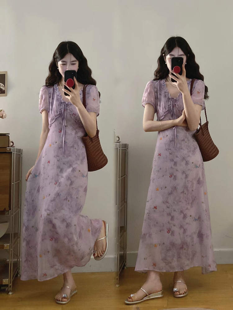 MY9148# 大码女装夏季新款紫霞仙子碎花连衣裙胖MM法式高级感显瘦长裙女裝貨源服裝批發