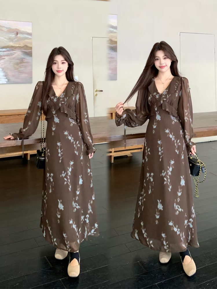 MY14686# 大码女装法式复古气质百搭连衣裙胖MM高级感收腰显瘦长裙女...