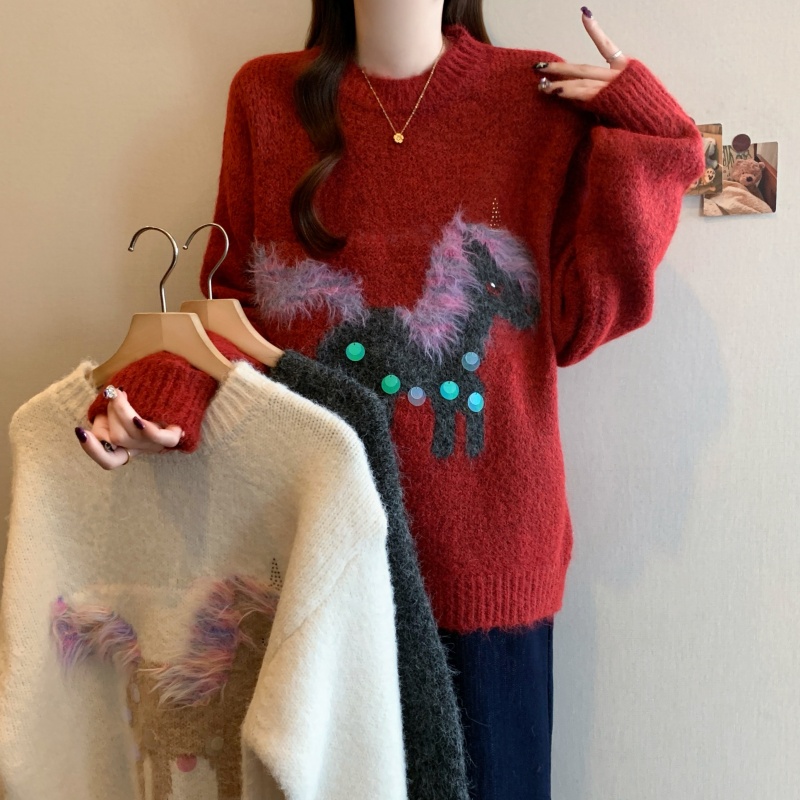 MY15600# 大码女装圣诞小马亮片新年毛衣胖MM时尚显瘦内搭针织上衣女裝貨源服裝批發