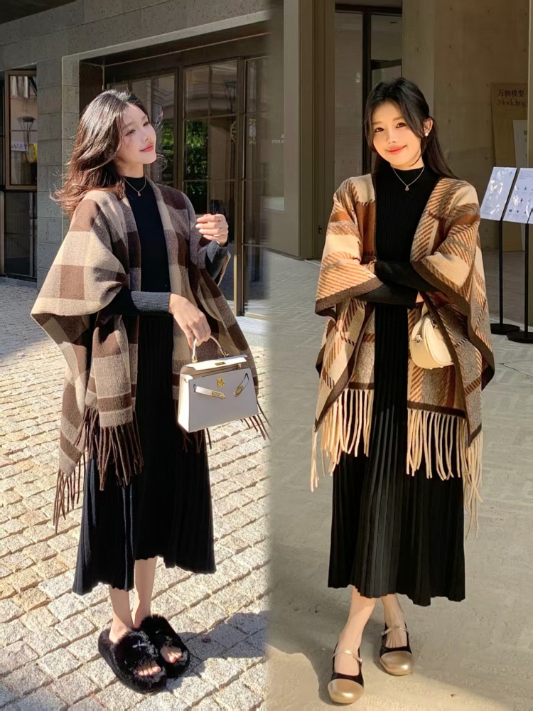 MY15599# 大码女装高级流苏披肩外套加厚保暖斗篷外搭连衣裙两件套女裝貨源服裝批發