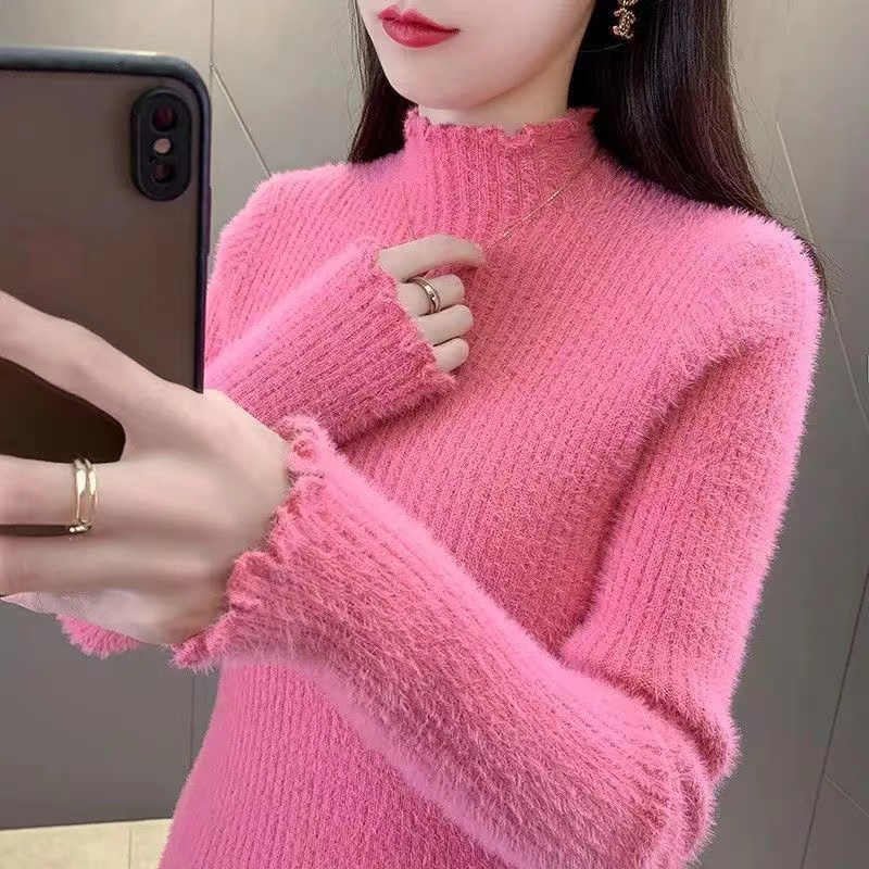 MY14693# 极简慵懒风木耳边半高领长袖针织衫高领通勤打底衫上衣女裝貨...