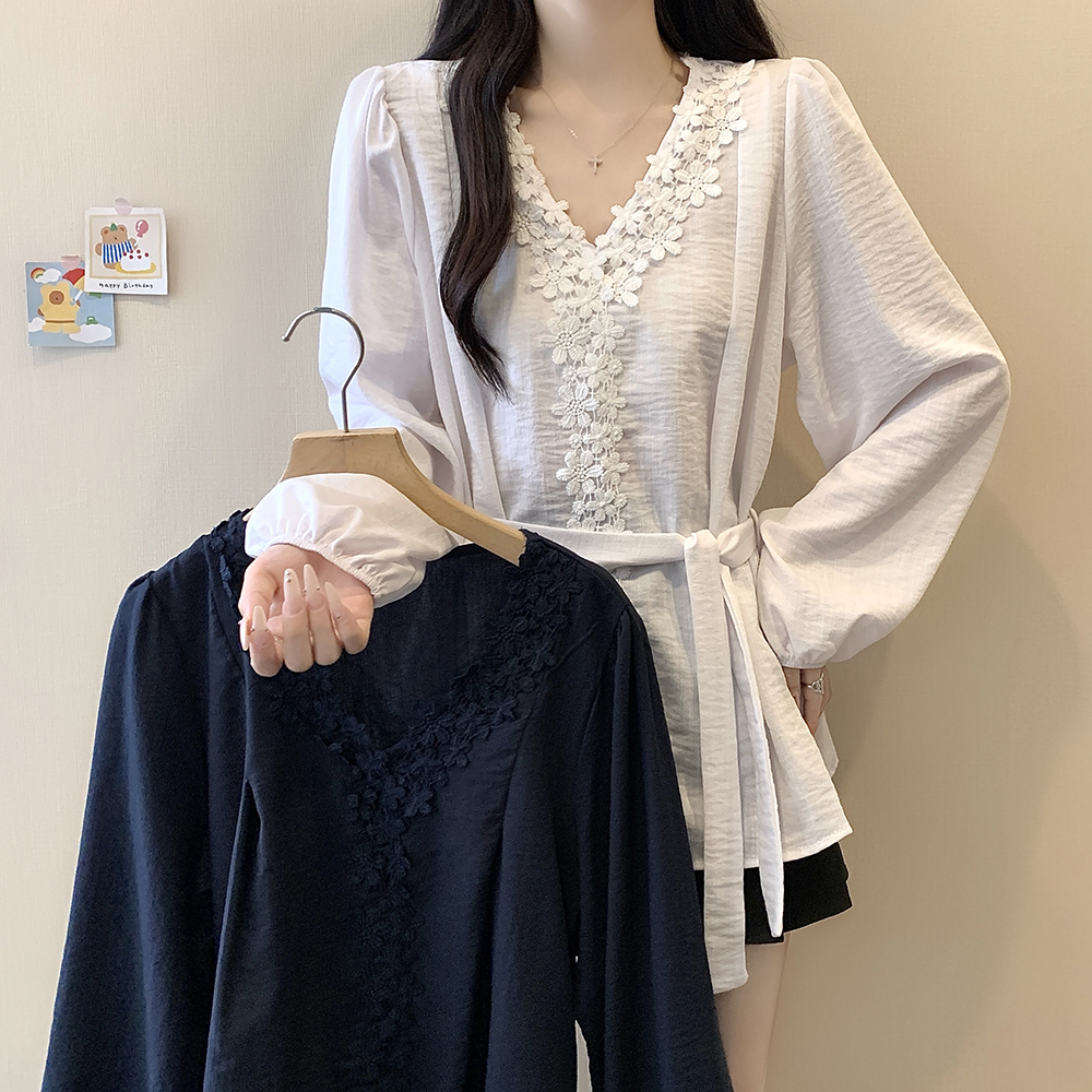 MY70220# 大码女装新款胖mm气质通勤花边拼接宽松遮肉长袖上衣女裝貨...