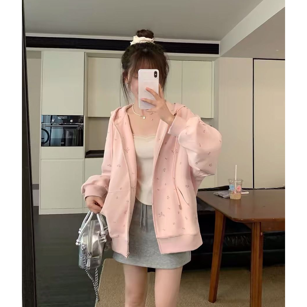 MY14594# 韩系甜懒风碎花连帽开衫女宽松oversize早秋慵懒穿搭...