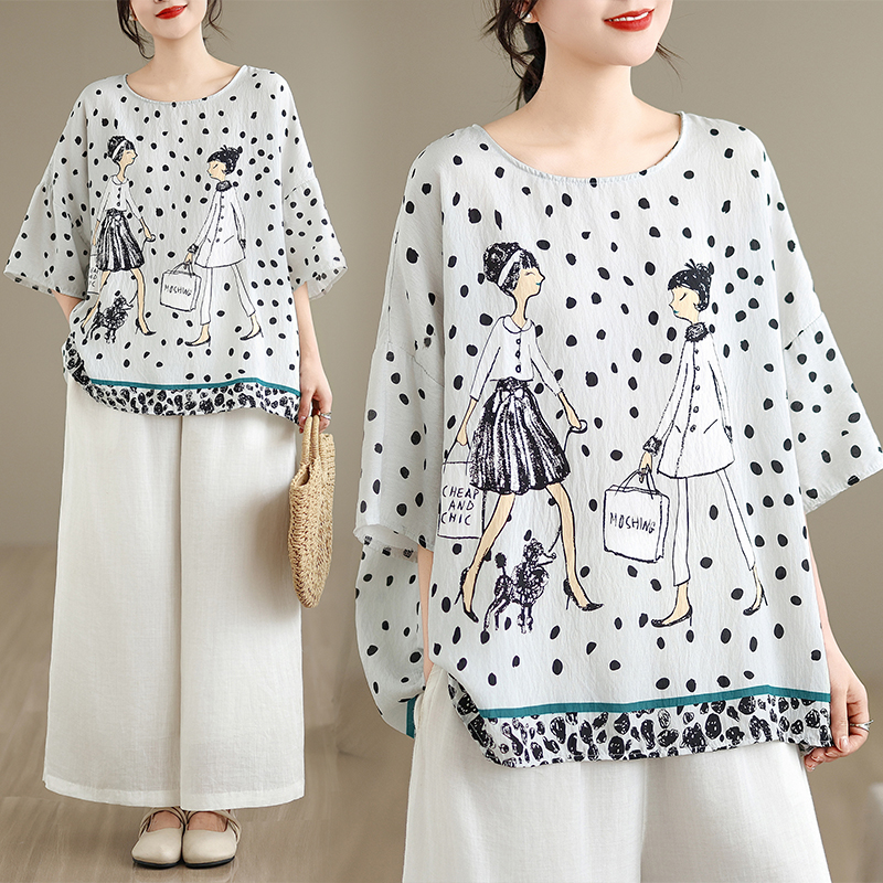 RY2171# 实拍2026夏季新品麻棉民族风蝙蝠袖宽松大码圆领T恤女