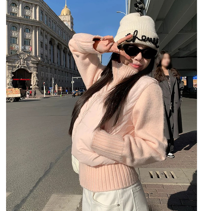 MY14919# 羊毛拼接新款法式气质设计感小众短款白色羽绒服保暖外套女裝...