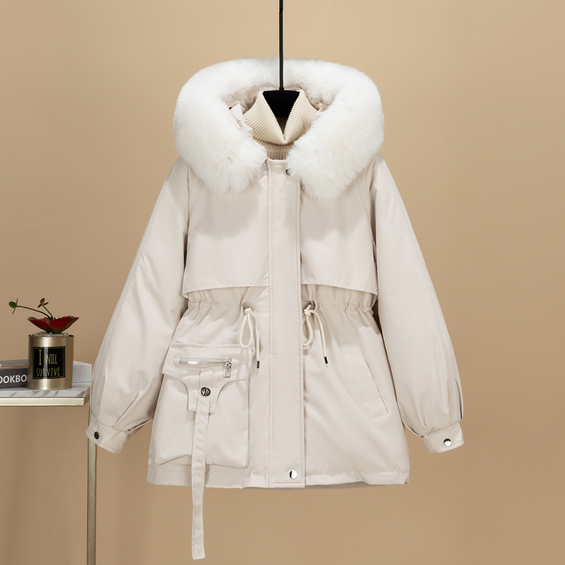 MY14917# 派克服女中长款收腰显瘦连帽大毛领加绒棉服大码韩版外套女裝...