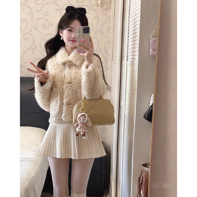 MY14924# 年轻款羊羔毛外套女冬短款韩系小个子皮毛一体减龄洋气毛绒厚...